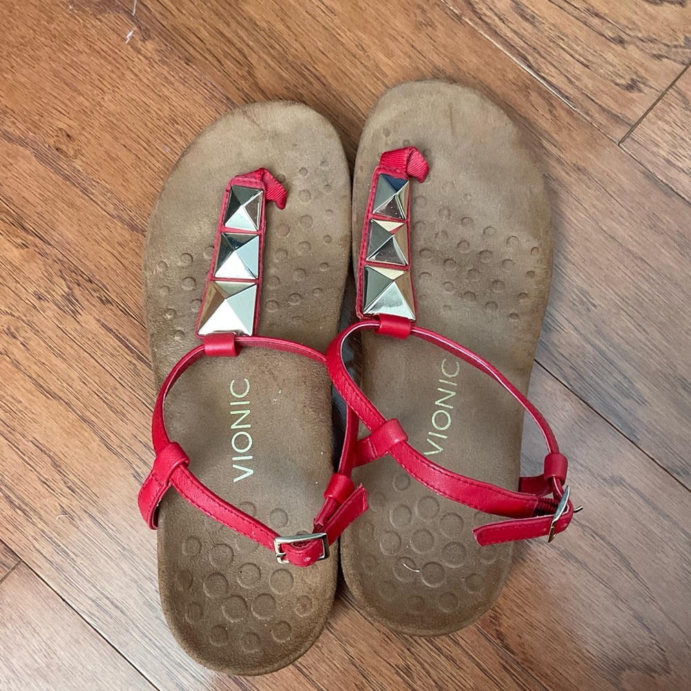 Vionic Red, Gold Nala T-Strap Bejeweled Sandal Flip Flops Size 8 Comfort Summer